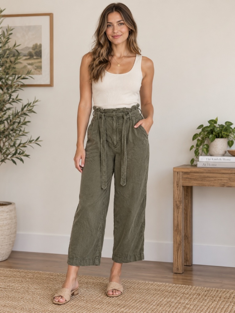 Anthropologie Women’s 8R Olive Green Belted Wide Leg Crop Pants Lyocell Cotton